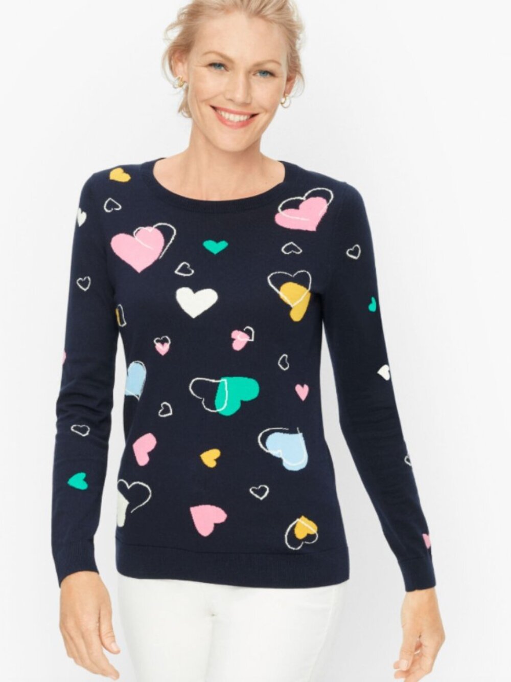 Talbots Indigo Blue Tossed Hearts Soft Cotton Crew Neck Sweater Preppy Sz 3X